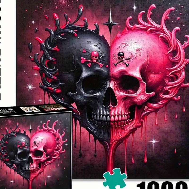 1000pcs Black and Red Skull Heart Jigsaw Puzzle Challenging DIY Brain Teaser for Ad