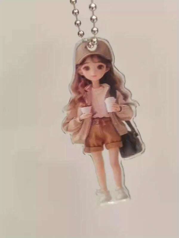 1pc 2D Flat   Acrylic Pendant Cute Girl Drinking Coffee Ornament for Car Rearview Mirror Bag C