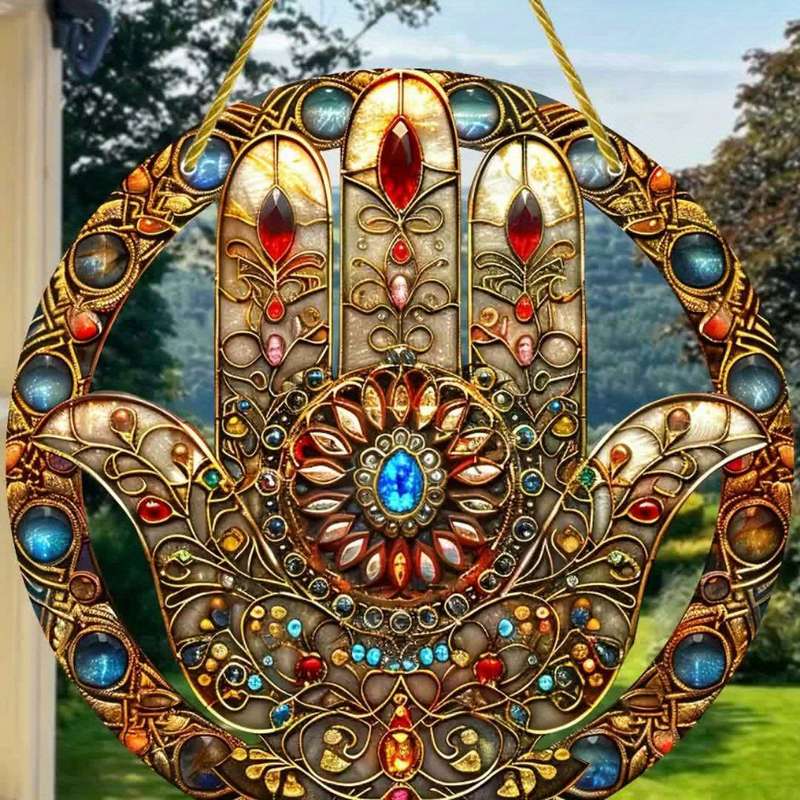 1pc 2D Flat  Bohemian Hamsa Hand Sun Catcher  Acrylic Window Hanging Decor with Colorful Staine