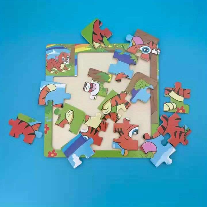 1pc Wooden Tiger Puzzle Vibrant Orange Kitten with Rainbow Flowers Design Ideal