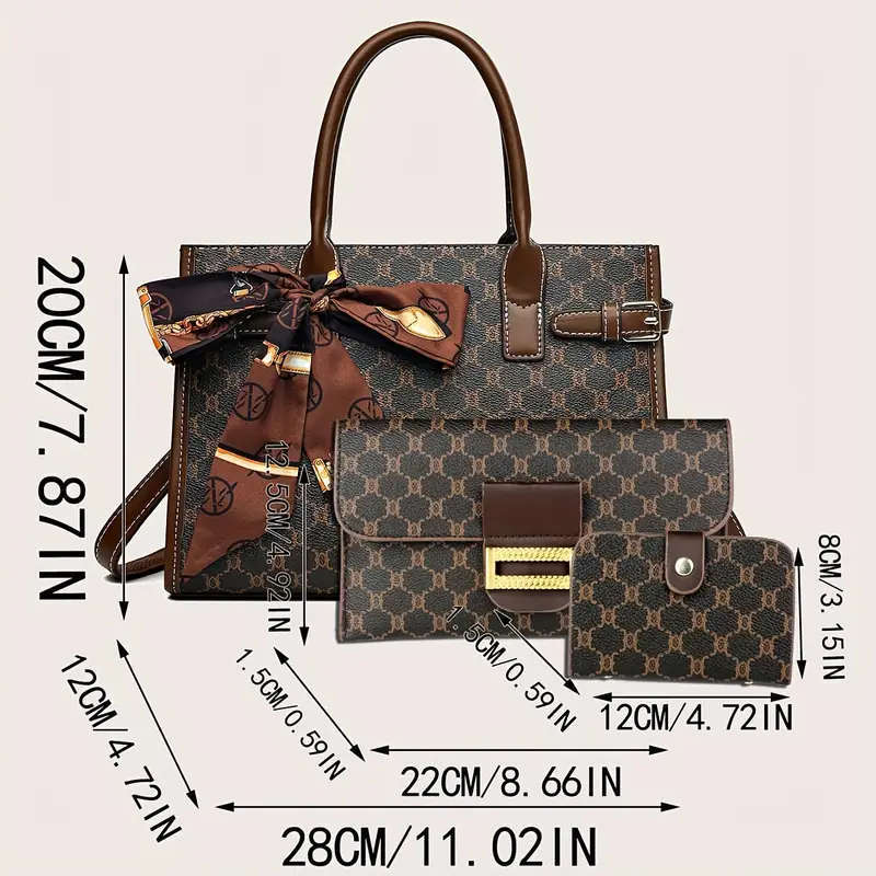 3 Pcs Classic Elegant Bag Set Retro Geometric Pattern Tote Bag With Scarf Decor Buckle Decor Square