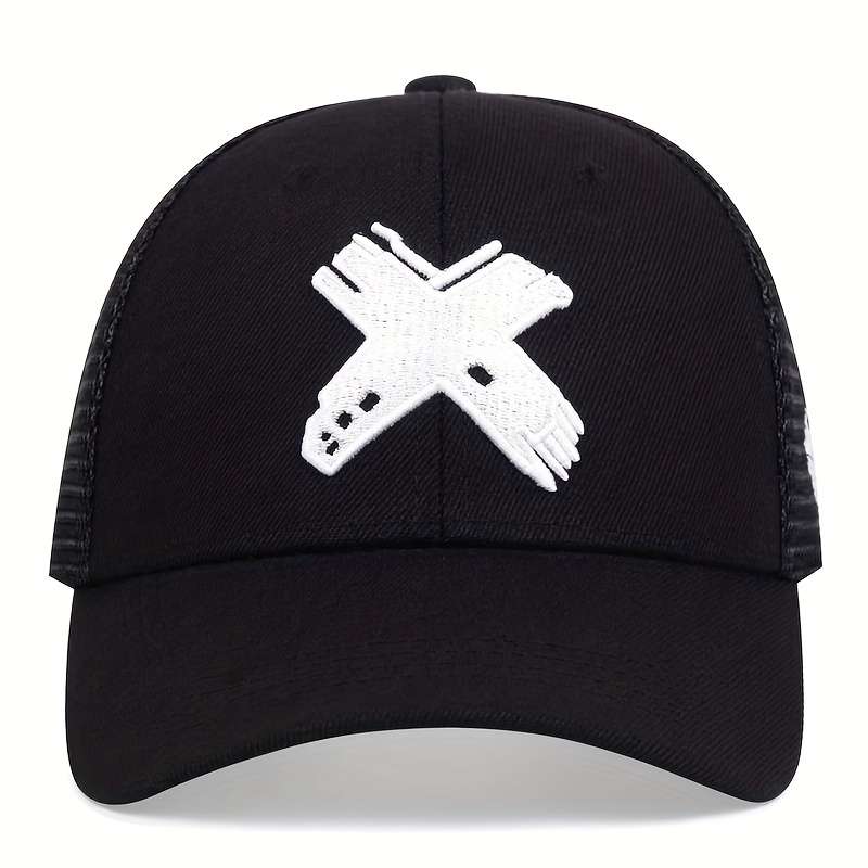 1pc Adjustable Women's Black Trucker Hat with Red Geometric Embroidery Breathable Mesh Back Sun-
