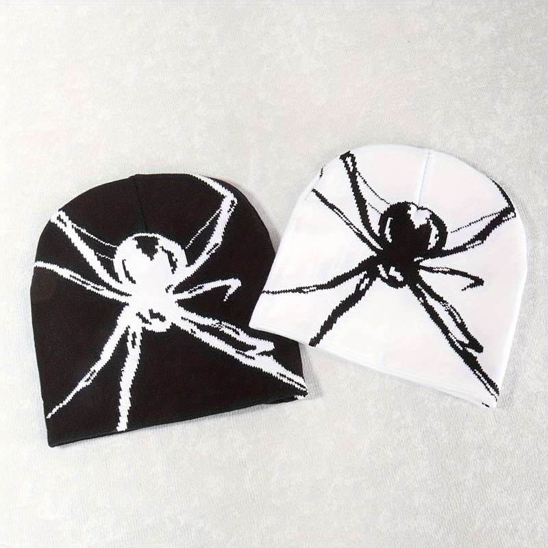 1pc Big Spider Jacquard Y2K Beanie Trendy Color Block Knit Hats Gothic Skull Cap Hip Hop Beanies Fo
