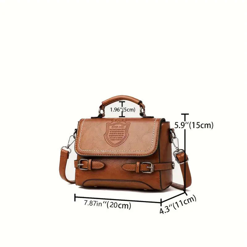 1pc Vintage PU Leather Handbag with Letter Badge Embossment Solid Color Crossbody Satchel Purse