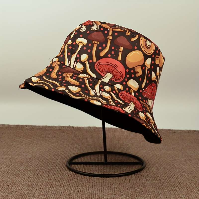 1pc Mushroom Print Bucket Hat Lightweight Breathable Polyester Fisherman Cap for Outdoor Adventu
