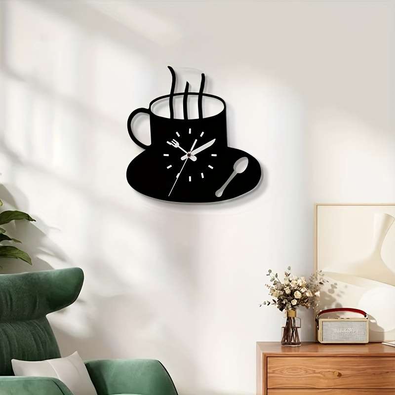 1pc 3D Coffee Cup Wall Clock Modern Silent Acrylic Design Frameless Kitchen Decor Black White