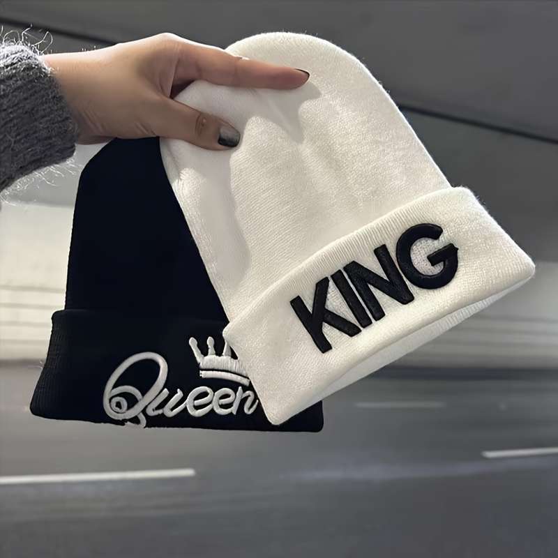 1pc 1pcMS Show Men's Fashion Knitted Hat KING&QUEEN Embroidered Hat Ideal choice for Gifts