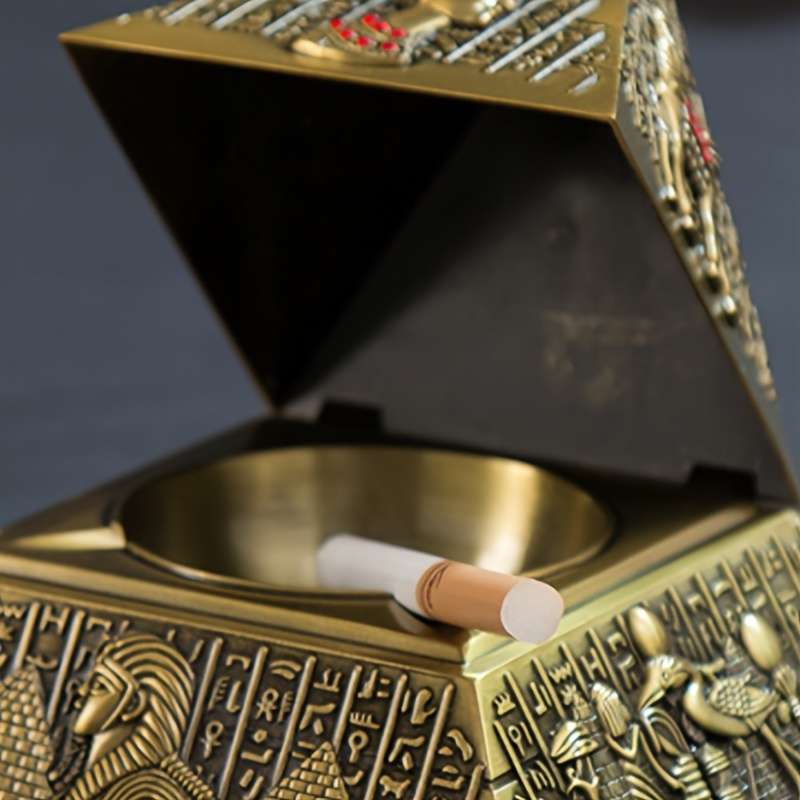 1pc Vintage Egyptian Pharaoh Metal Pyramid Ashtray Triangular Hieroglyphic Design with Lion