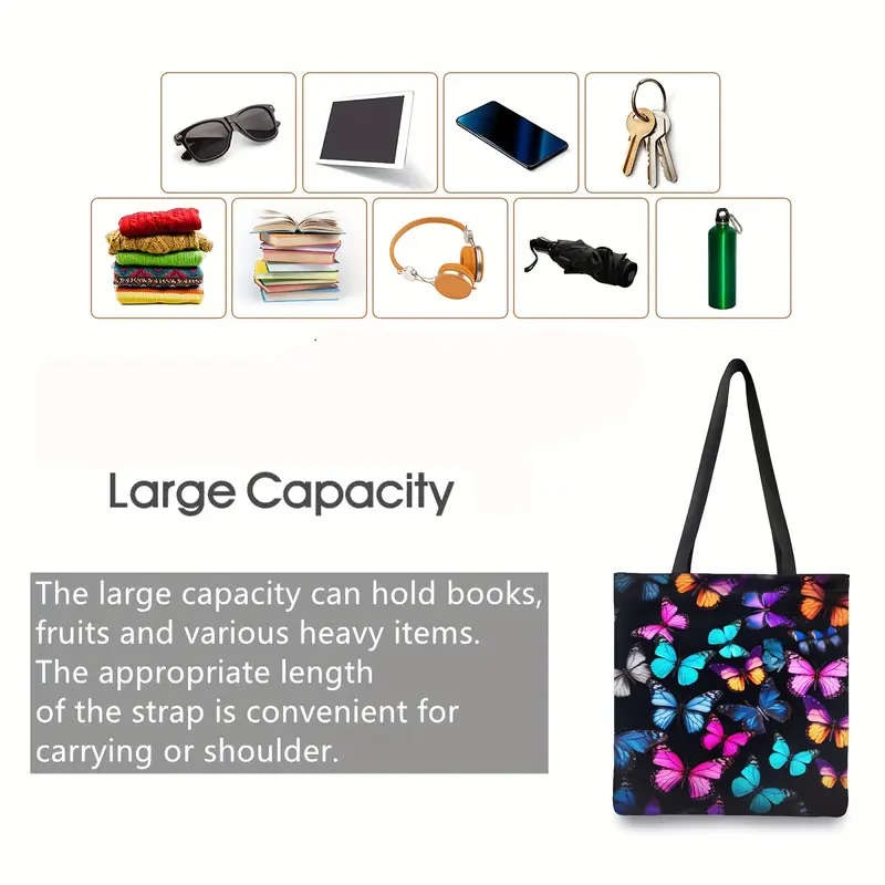 1pc Chic Butterfly Print Canvas Tote Bag Large Capacity Durable Washable Shoulder Bag for Women Perf