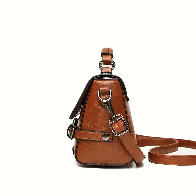 1pc Vintage PU Leather Handbag with Letter Badge Embossment Solid Color Crossbody Satchel Purse