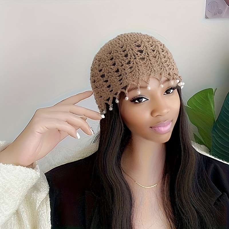 1pc Elegant Hollow Out Crochet Beanie Vintage Beaded Tassel Solid Color Knit Hats Lightweight Skull
