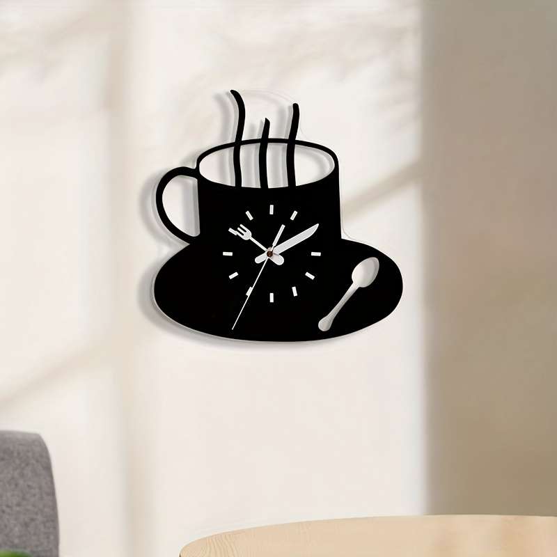 1pc 3D Coffee Cup Wall Clock Modern Silent Acrylic Design Frameless Kitchen Decor Black White