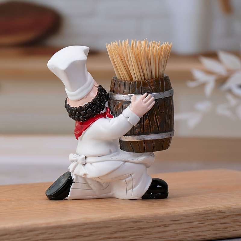 1pc Charming Chef-Themed Toothpick Holder with Wooden Bucket Resin No Power Needed Perfect for