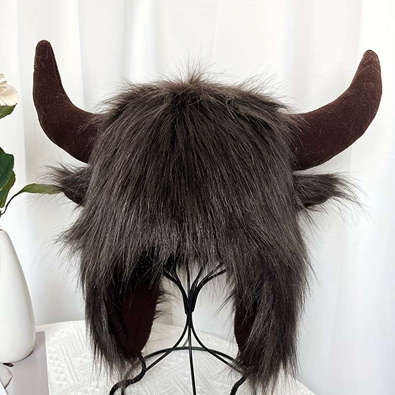 1pc Classic Fluffy Cow Hat With Horns Solid Color Ear Flap Hat Winter Warm Plush Hats Thick Coldpro