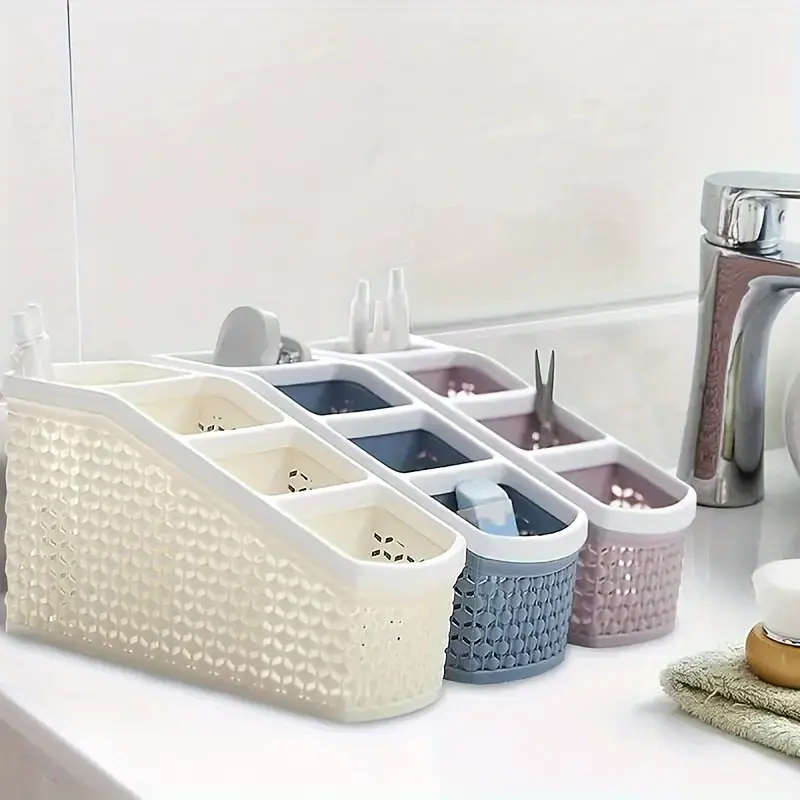 1pc Multi-Compartment Desk Organizer Durable Plastic Storage Rack with Layered Slope Design for Effi