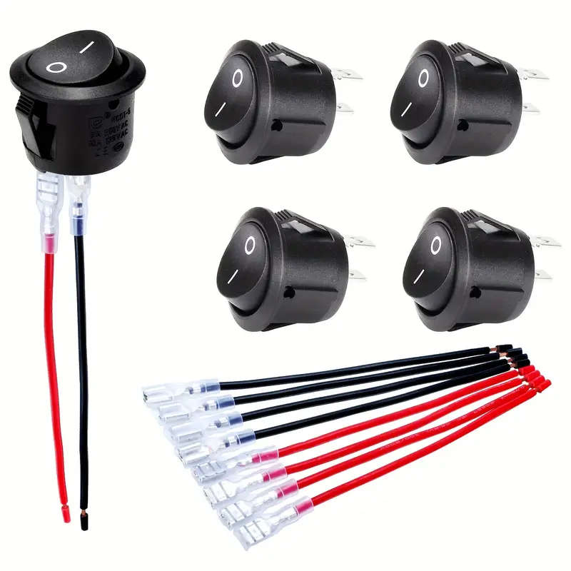 5pcs Black Round 2-Pin Rocker Switches SPST with Rewirable Cords Without Battery