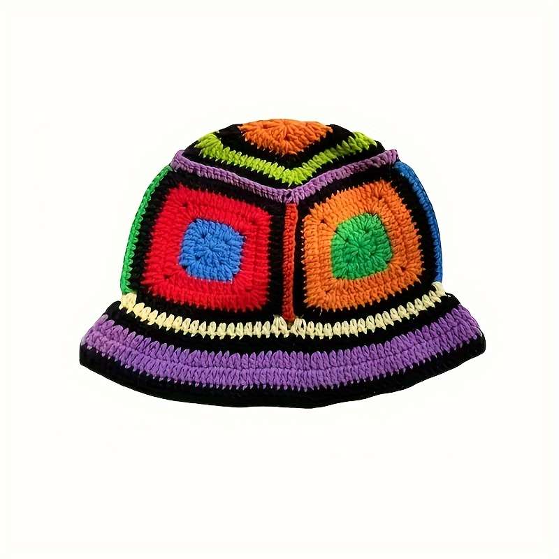 1pc Color Block Crochet Fisherman Hat Retro Ethnic Style Casual Hollow Out Breathable Bucket Hat