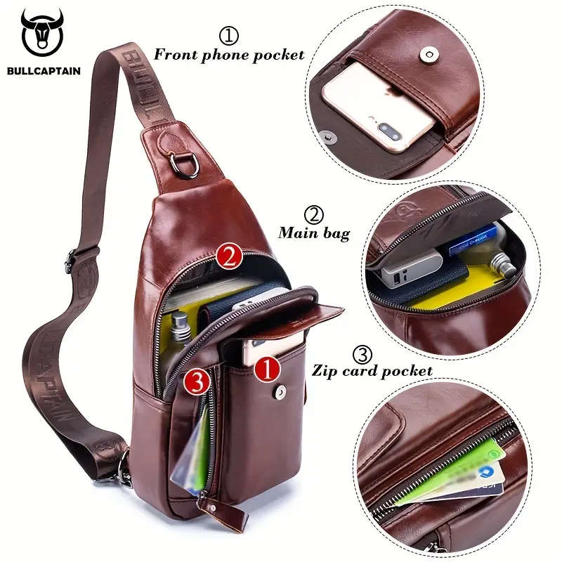 Men's Genuine Leather Sling Bag Vintage Style Large Capacity Multi-Functional Fashion Crossbody