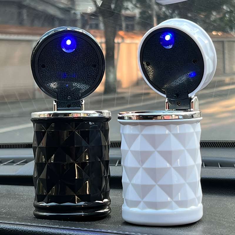 1pc Portable Alloy Car Ashtray with LED Light Black and White Durable PVC Sealed Design for Veh