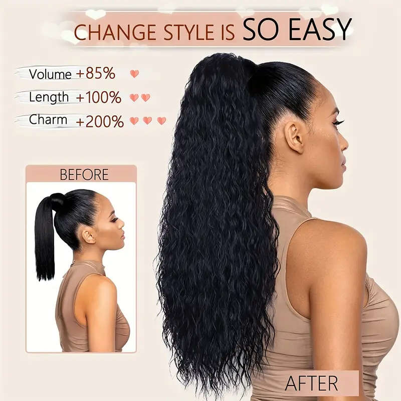 Long Curly, Black Curly Ponytail Hair Extension, Synthetic Clips