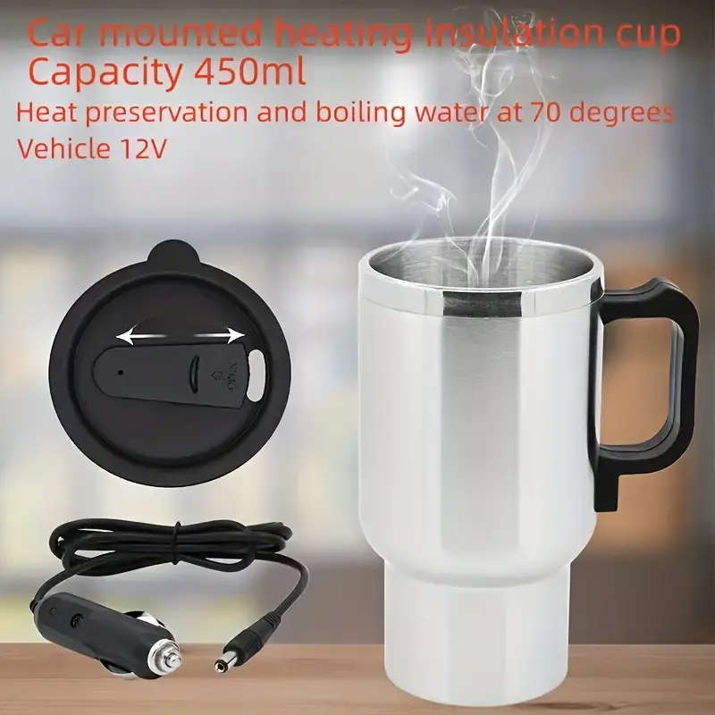 1pc Durable Stainless Steel Car Electric Heating Cup with Black Handle and Lid 12V/24V