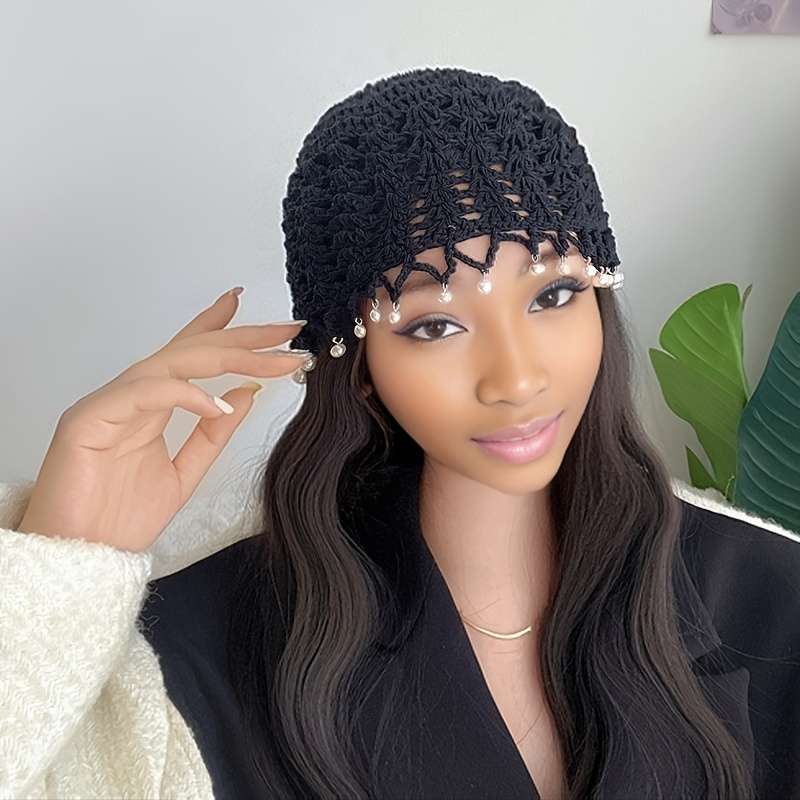 1pc Elegant Hollow Out Crochet Beanie Vintage Beaded Tassel Solid Color Knit Hats Lightweight Skull