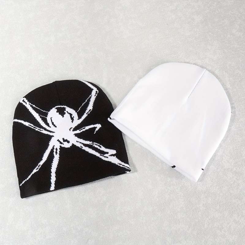 1pc Big Spider Jacquard Y2K Beanie Trendy Color Block Knit Hats Gothic Skull Cap Hip Hop Beanies Fo