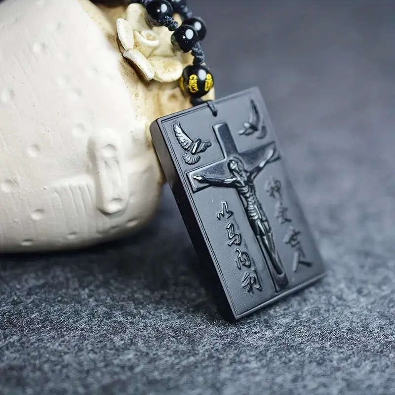 Unisex Obsidian Cross Pendant Necklace