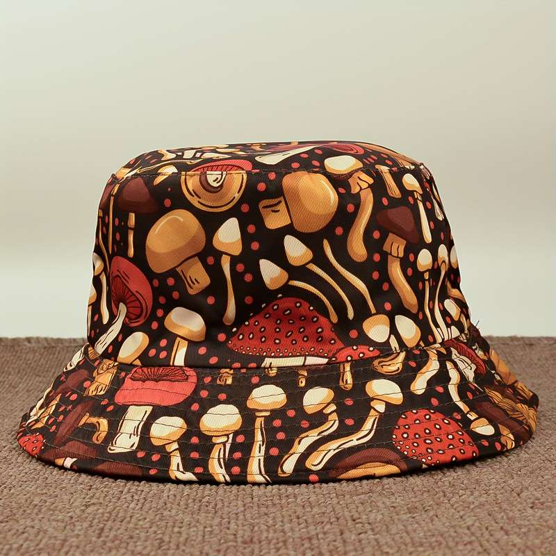 1pc Mushroom Print Bucket Hat Lightweight Breathable Polyester Fisherman Cap for Outdoor Adventu