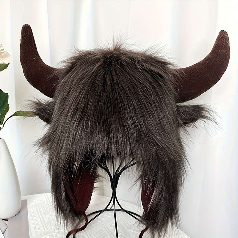 1pc Classic Fluffy Cow Hat With Horns Solid Color Ear Flap Hat Winter Warm Plush Hats Thick Coldpro