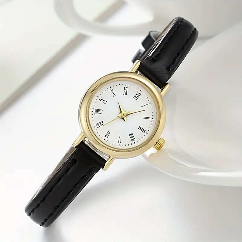 Retro Rome Fashion Analog PU Leather Wrist Watch - Black