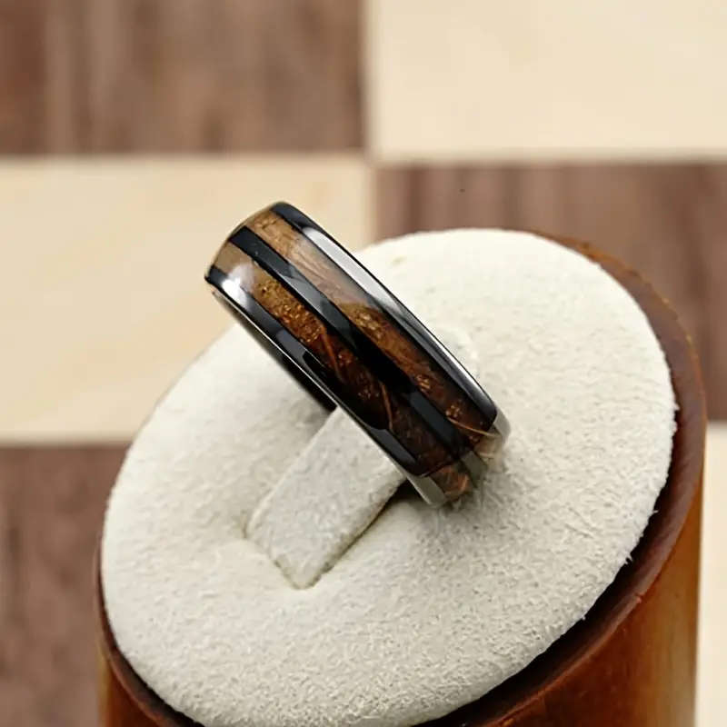 Barrel Gunmetal Stainless Steel Ring with Wood Grain Inlay