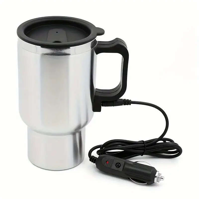 1pc Durable Stainless Steel Car Electric Heating Cup with Black Handle and Lid 12V/24V