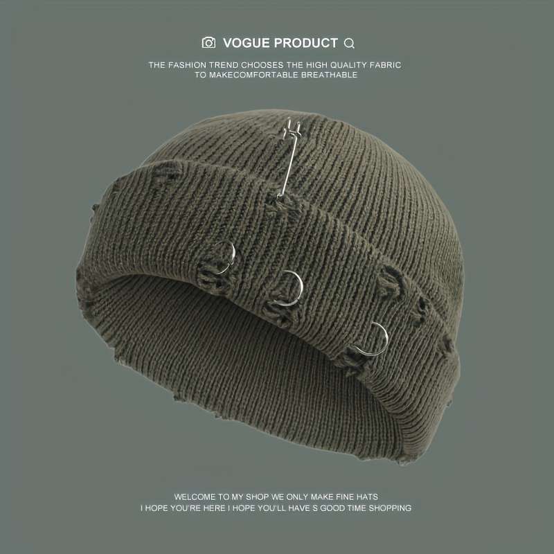 1pc Warm Cuffed Beanie Fisherman Hats Unisex Hip Hop Fisherman Beanie Trendy Ripped Pin Brooch Kn