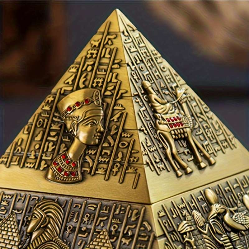 1pc Vintage Egyptian Pharaoh Metal Pyramid Ashtray Triangular Hieroglyphic Design with Lion