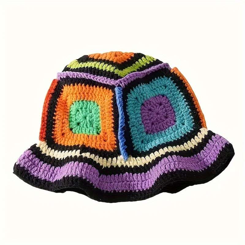 1pc Color Block Crochet Fisherman Hat Retro Ethnic Style Casual Hollow Out Breathable Bucket Hat