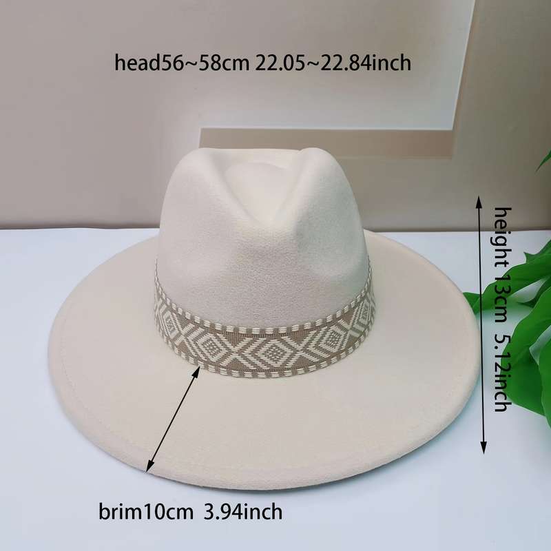 1pc Adjustable Flat Brim Fedora Hat with Geometric Pattern Band Chic Beige Fleece-Blend Ideal fo