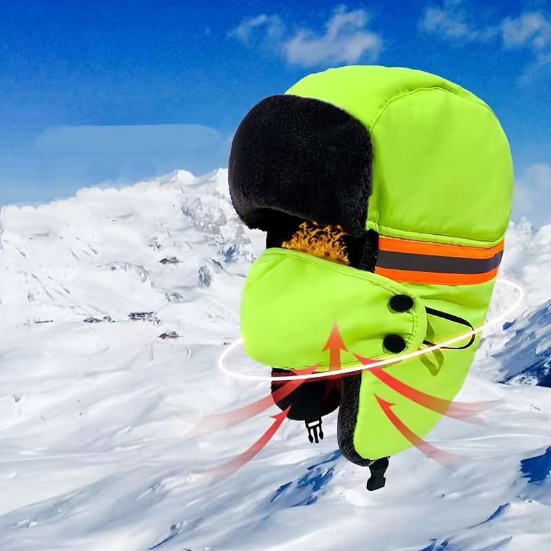 1pc Unisex Winter Cycling Cap with Built-In Face Mask Thickened Windproof Reflective Strips Ful