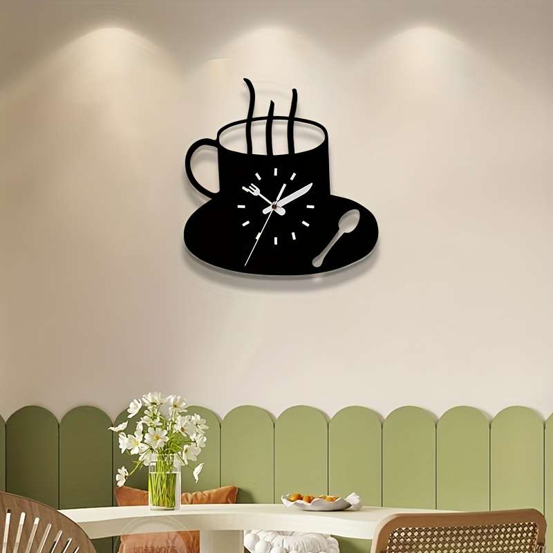 1pc 3D Coffee Cup Wall Clock Modern Silent Acrylic Design Frameless Kitchen Decor Black White