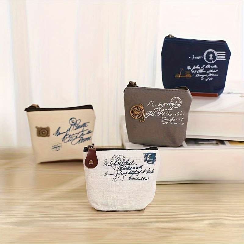 1pc Vintage-Inspired Canvas Coin Purse Makeup Bag for Women Compact Zippered Wallet with No