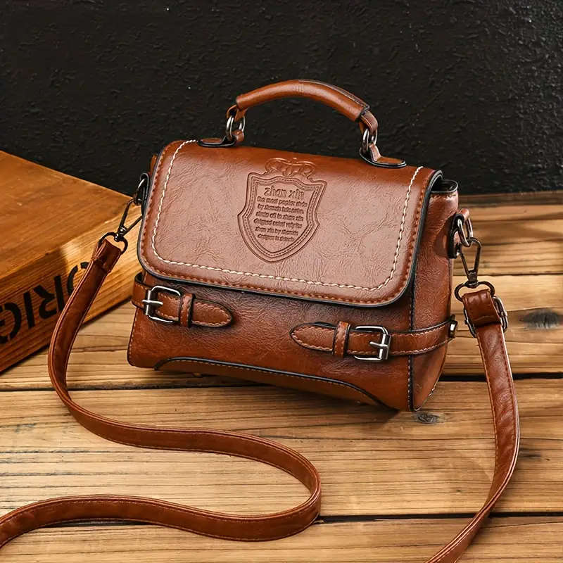 1pc Vintage PU Leather Handbag with Letter Badge Embossment Solid Color Crossbody Satchel Purse