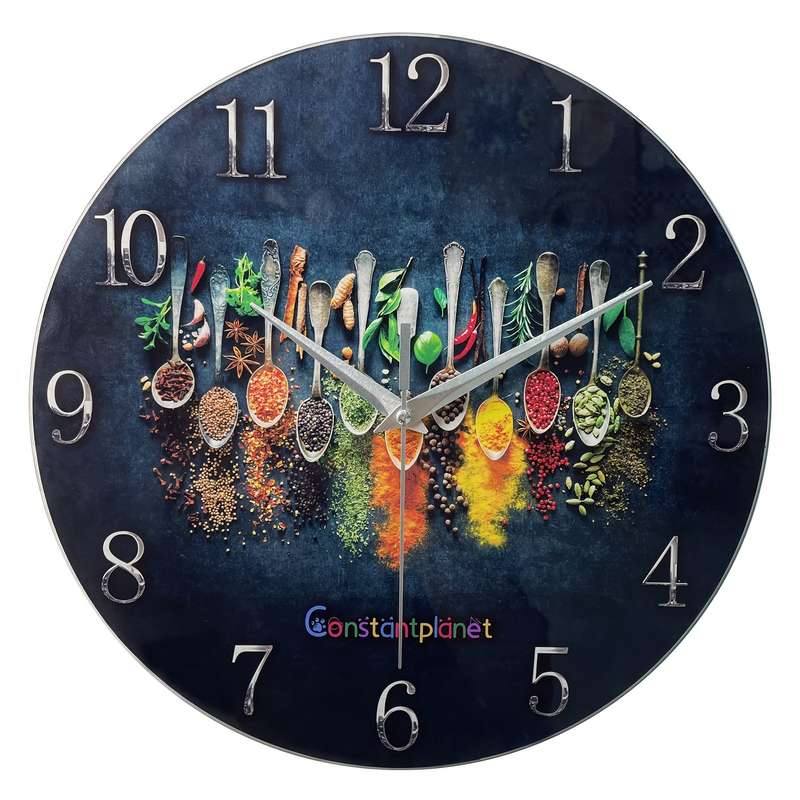 1pc Constantplanet 12-Inch Luxury Tempered Glass Wall Clock with Vibrant Condiment Design Silent