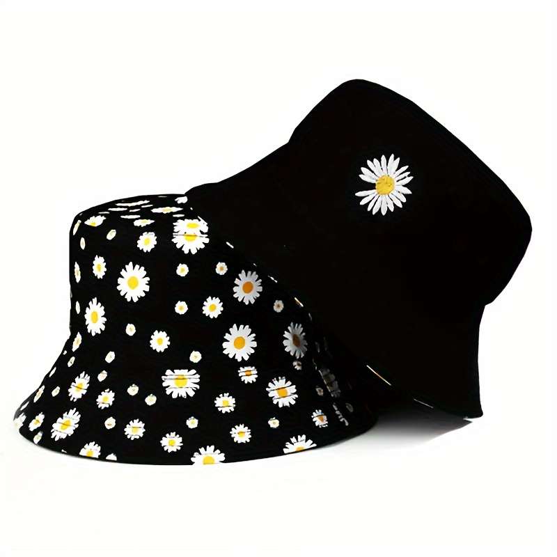 1pc Daisy Graphic Reversible Bucket Hat Black Trendy Breathable Basin Hats Lightweight Sunscreen Fi