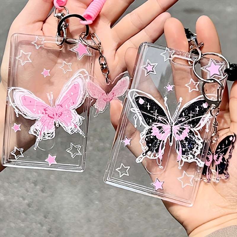 1pc Y2K-Inspired Butterfly Design Transparent ID Card Holder with Keychain Durable Plastic Anti-