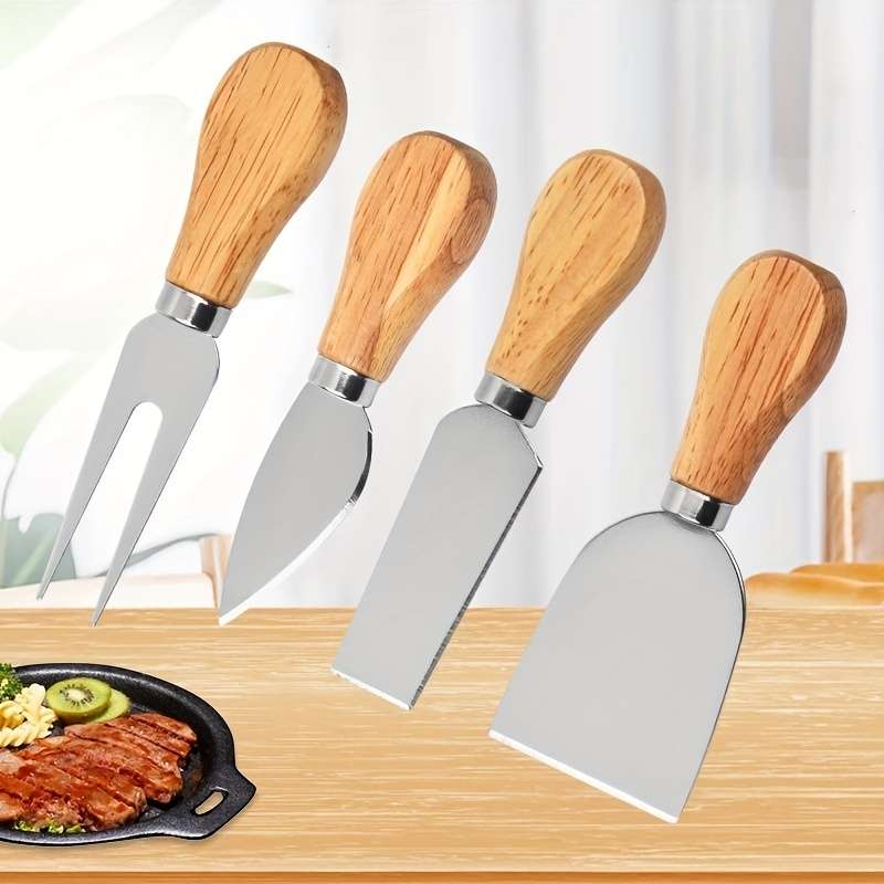 4-Piece Oak Cheese Knife Set Stainless Steel Western Food Kitchen Knives for Cooking Baking