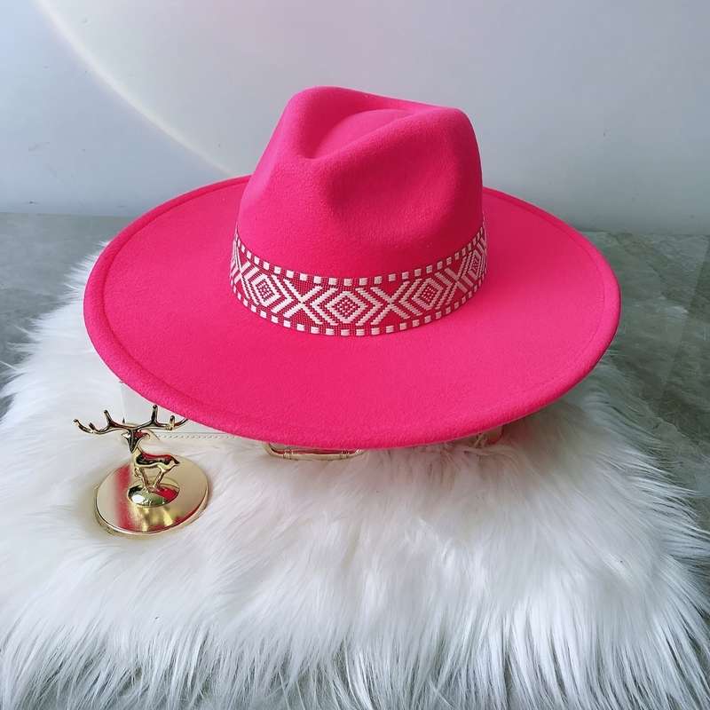 1pc Adjustable Flat Brim Fedora Hat with Geometric Pattern Band Chic Beige Fleece-Blend Ideal fo