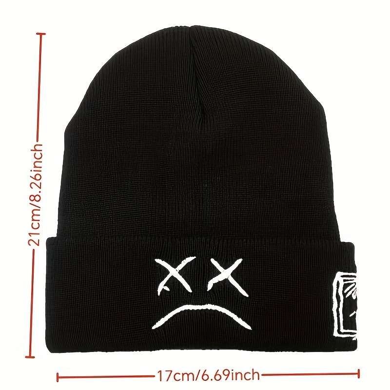 1pc Sad Face Embroidery Graphic Beanie Trendy Black White Knit Hats Casual Skull Cap Hip Hop Cuff
