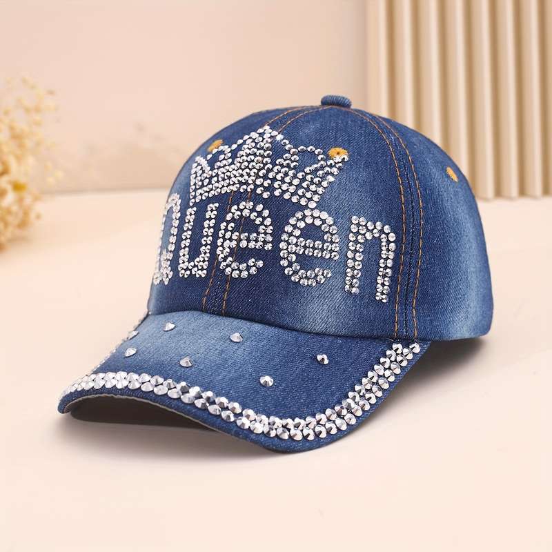 1pc Adjustable Women's Denim Baseball Cap with Sparkling QUEEN Rhinestone Crown Design Lightwei