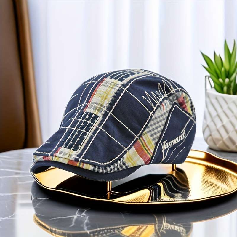 1pc Casual Plaid Stitching Irregular Embroidery Beret For Outdoor Sunshade Hat Christmas Gift