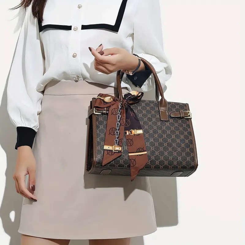 3 Pcs Classic Elegant Bag Set Retro Geometric Pattern Tote Bag With Scarf Decor Buckle Decor Square